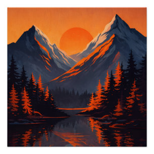 Bergzonsondergang Reflectie Vurig Oranje Lucht Perfect Poster