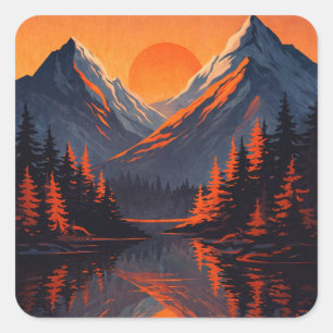 Bergzonsondergang Reflectie Vurig Oranje Lucht Vierkante Sticker