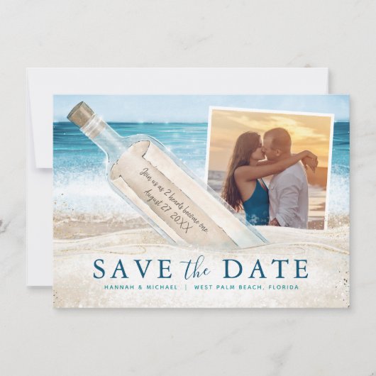 Bericht in een fles Foto Tropische Strand Bruiloft Save The Date (Voorkant)