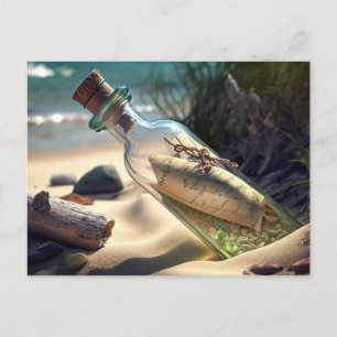 Bericht in een fles op strand ansichtkaart briefkaart