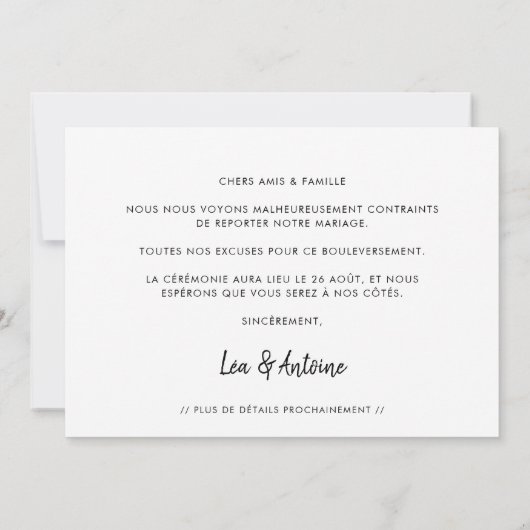 Bericht Nieuwe Mariage-datum uitgesteld Aankondiging (Achterkant)