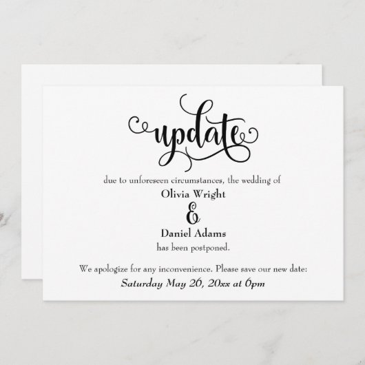 Bericht over uitgestelde bruiloft bijwerken kaart (Voorkant / Achterkant)