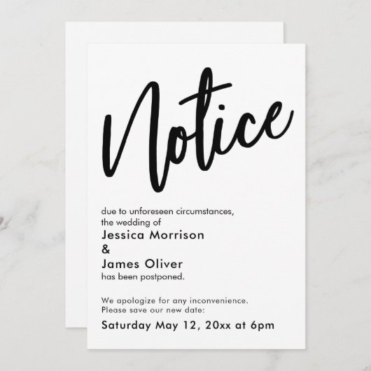 Bericht zwart wit uitgestelde bruiloft aankondigin kaart (Voorkant / Achterkant)