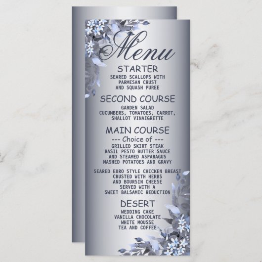 Berichten bij de marine Blue Floral Silver Dinner Menu (Voorkant / Achterkant)