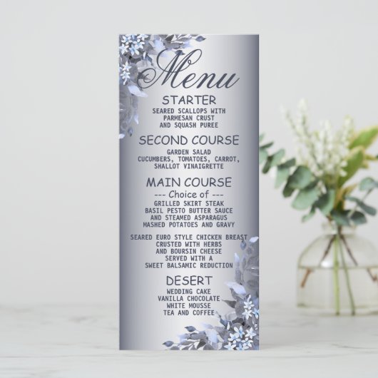 Berichten bij de marine Blue Floral Silver Dinner Menu (Staand voorkant)