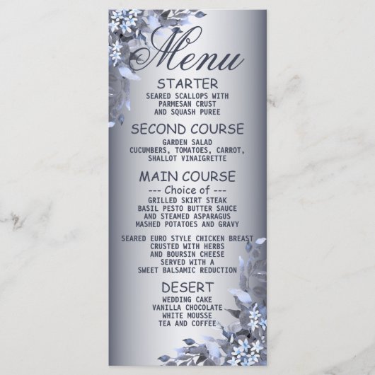 Berichten bij de marine Blue Floral Silver Dinner Menu (Voorkant)