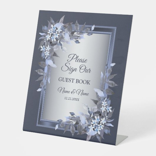 Berichten bij de marine Blue Floral Silver Grey El Reclamebord Met Voetstuk (Voorkant)