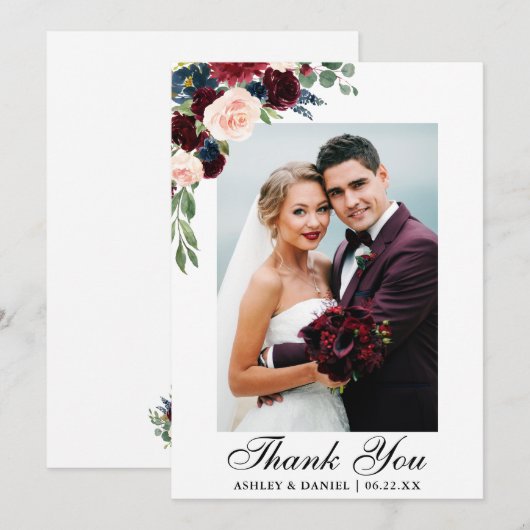 Berichten Foto Waterverf Burgundy Blue Floral Bedankkaart (Voorkant / Achterkant)