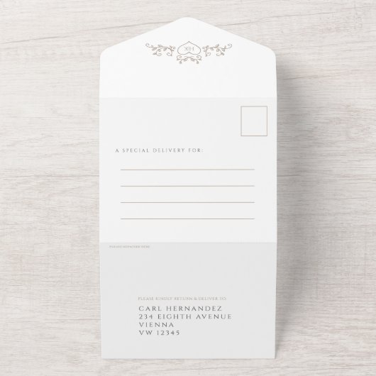 Berichten in de vorm van een hartmonogram all in one uitnodiging (Buitenkant)