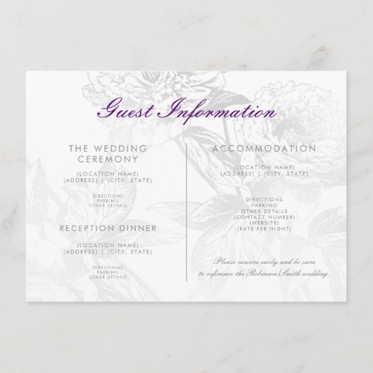 Berichten in het Paars Floral Silver Informatiekaartje (Voorkant)