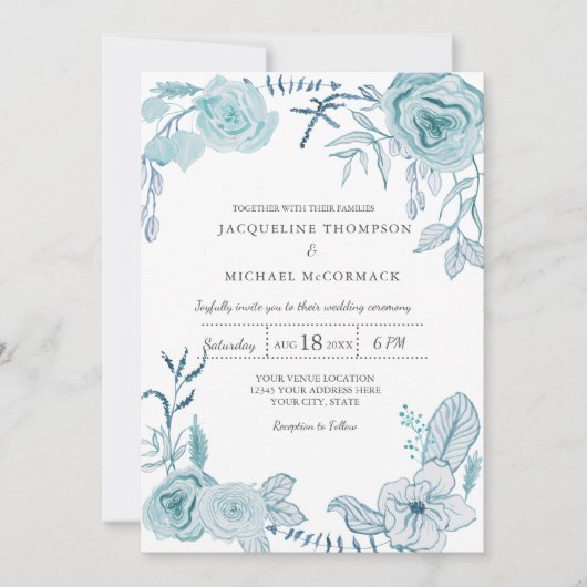 Berichten Moderne Waterverf florage in blauw Kaart (Voorkant)