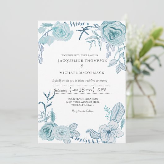 Berichten Moderne Waterverf florage in blauw Kaart (Staand voorkant)