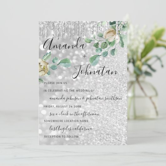 Berichten monogram druif Florals Mint Glitter Silv Kaart (Staand voorkant)