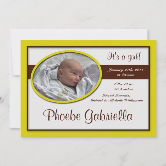 Berichten over bruine stripe gele geboorte aankondiging (Voorkant)