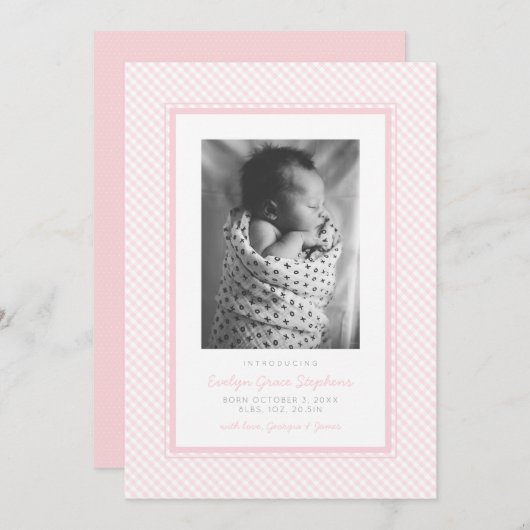 Berichten over de geboorte van roze gingham aankondiging (Voorkant / Achterkant)