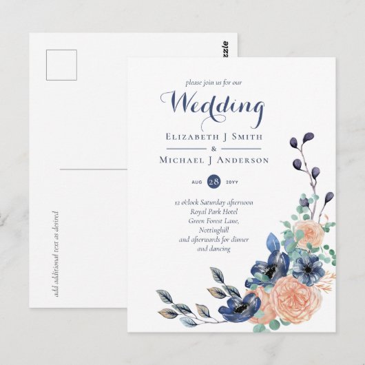 Berichten over het huwelijk tussen marineblauw kor briefkaart (Voorkant / Achterkant)