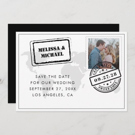 Berichten over Wereldkaart op zwarte en witte brui Save The Date (Voorkant / Achterkant)