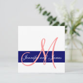 Berichten Uitnodiging Monogram Coral Pink Navy Blu (Staand voorkant)
