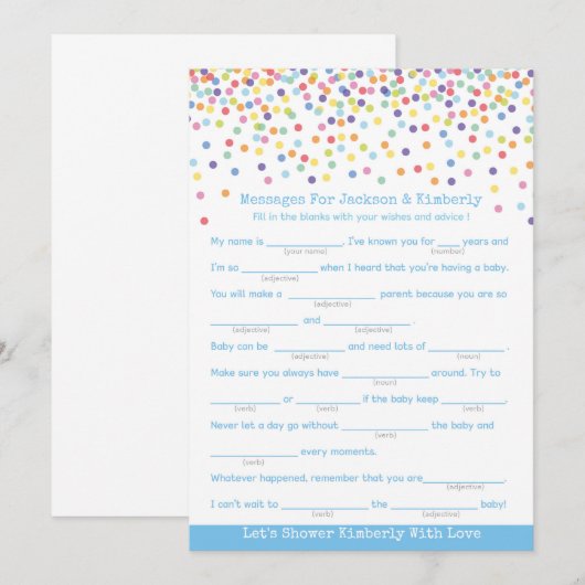 Berichten voor ouders die Confetti Baby shower moe Kaart (Voorkant / Achterkant)