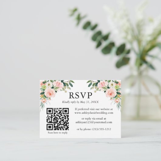 Berichten Waterverf Roze Floral QR RSVP Informatiekaartje (Staand voorkant)