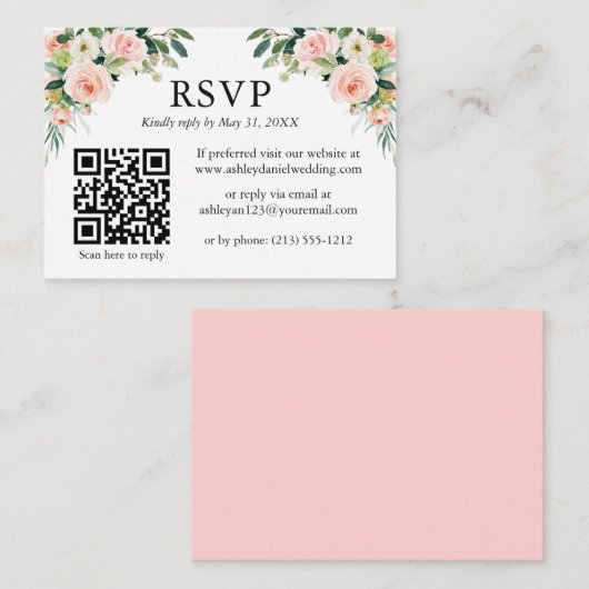 Berichten Waterverf Roze Floral QR RSVP Informatiekaartje (Voorkant / Achterkant)