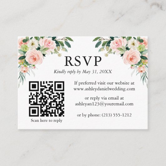 Berichten Waterverf Roze Floral QR RSVP Informatiekaartje (Voorkant)