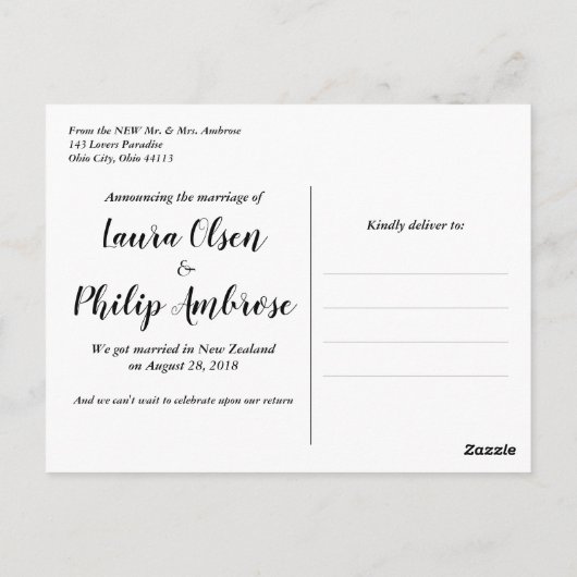 Berichtenaankondiging van het zwarte Script Eloped Briefkaart (Achterkant)
