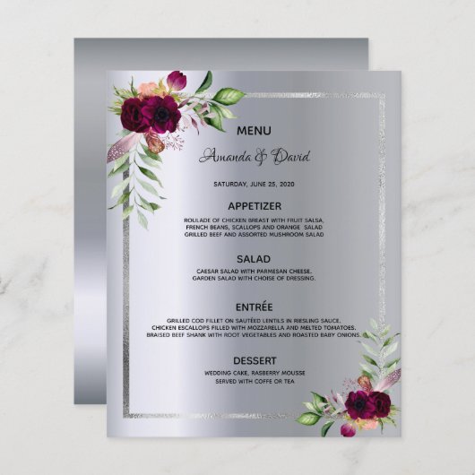 Berichtenmenu zilverkleurig bogundy elegant (Voorkant / Achterkant)