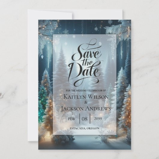 Berijpte dennen in winterglans bruiloft save the date (Voorkant)