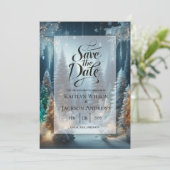 Berijpte dennen in winterglans bruiloft save the date (Staand voorkant)