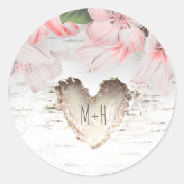 Berk Bark Hart en Roze Bloemen Rustieke Bruiloft Ronde Sticker