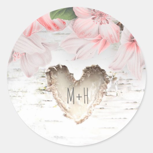 Berk Bark Hart en Roze Bloemen Rustieke Bruiloft Ronde Sticker (Voorkant)