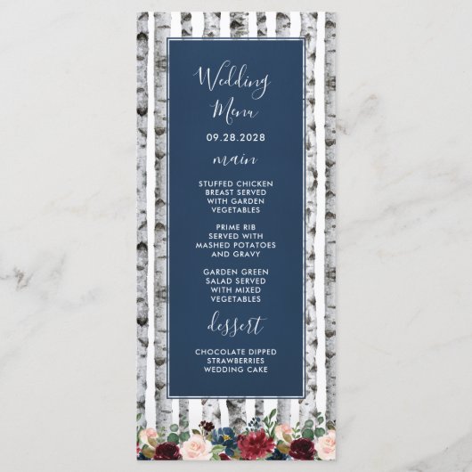 Berk Bomen Navy Blauwe Burgundy Trouw Menu Kaarten (Voorkant)