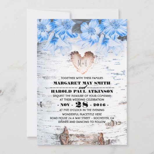 Berk boom Bark Hart Rustiek Land Bruiloft Kaart (Voorkant)