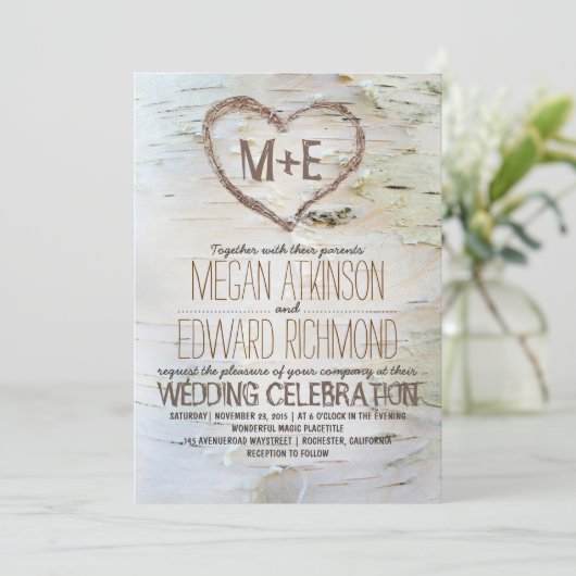 Berk boom hart rustieke herfst bruiloft kaart (Staand voorkant)