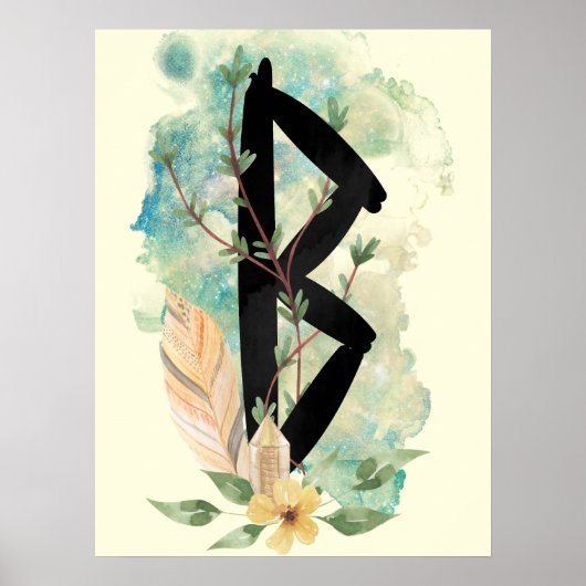 Berkano Floral Green & Yellow Norse Futhark Rune Poster (Voorkant)