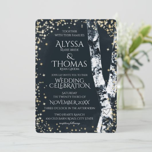 Berken Bomen en Sparkle Bruiloft Kaart (Staand voorkant)