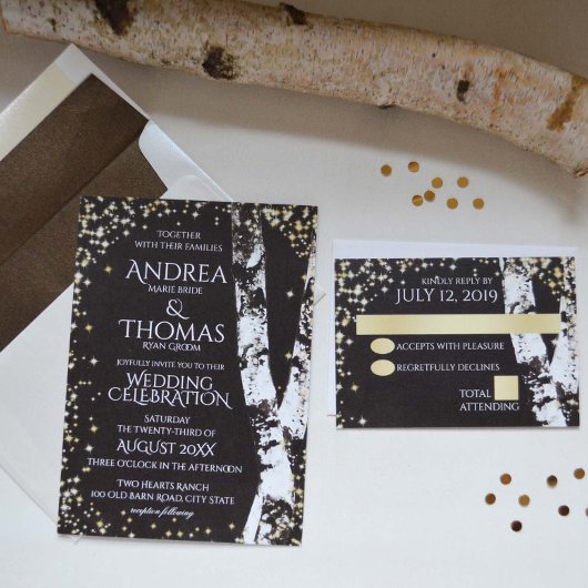 Berken Bomen en Sparkle Bruiloft Kaart