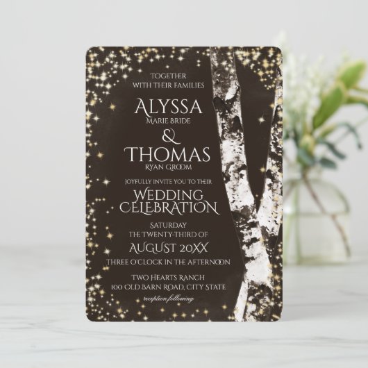 Berken Bomen en Sparkle Bruiloft Kaart (Staand voorkant)