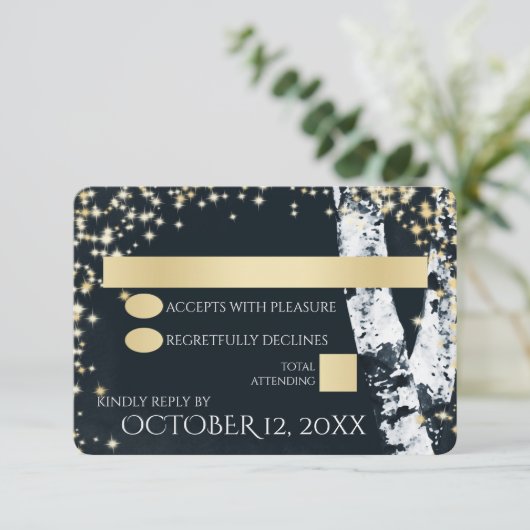 Berken Bomen en Sparkle Bruiloft RSVP Kaartje (Staand voorkant)