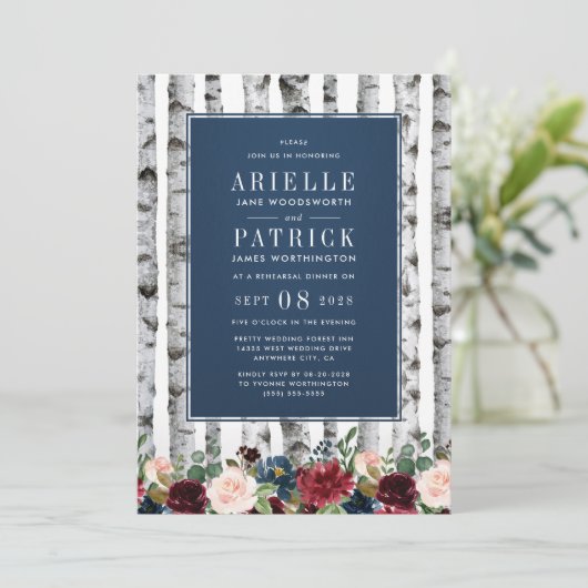 Berken Bomen Navy Blue repetitie diner uitnodiging (Staand voorkant)