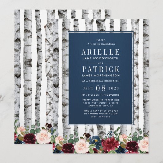 Berken Bomen Navy Blue repetitie diner uitnodiging (Voorkant / Achterkant)