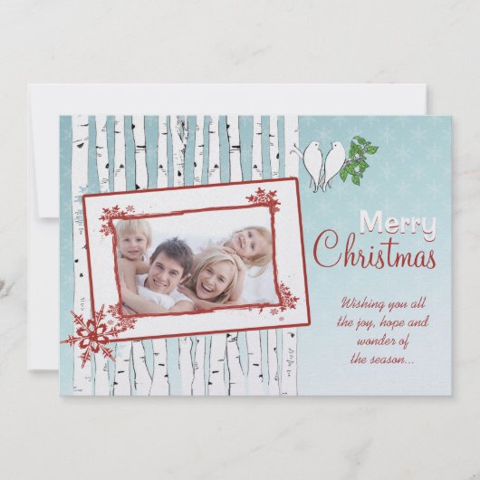 Berken Bomen Witte Vogels Rood Vrolijk Kerstfeest Feestdagenkaart (Voorkant)