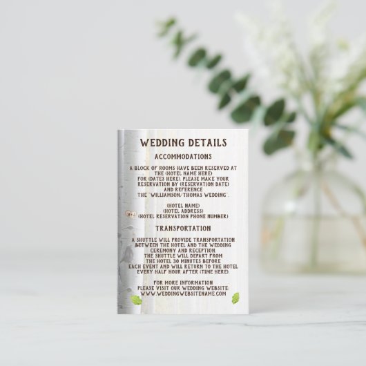 Berken boom hart rustieke bruiloft details kaart (Staand voorkant)