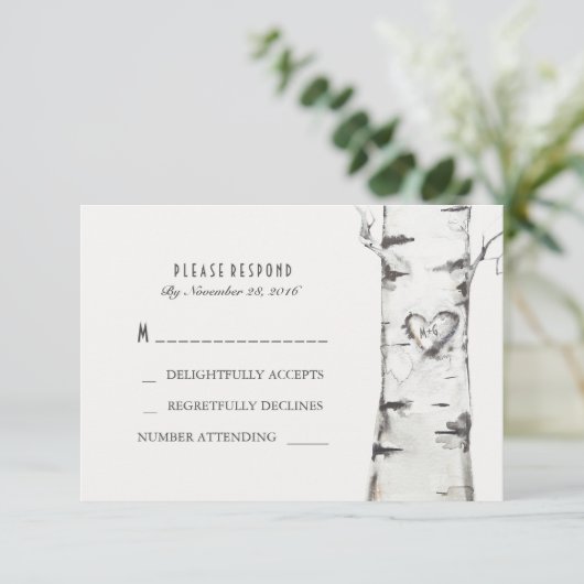 Berken Hout Hart Rustieke Bruiloft RSVP Kaarten (Staand voorkant)