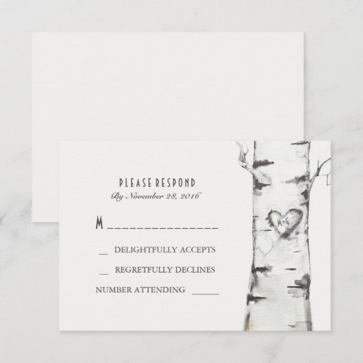 Berken Hout Hart Rustieke Bruiloft RSVP Kaarten (Voorkant / Achterkant)