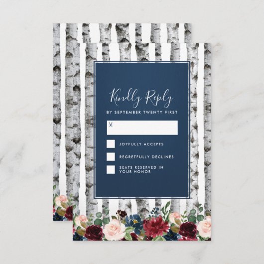 Berken Navy Blue Bourgondische bruiloft RSVP Kaart (Voorkant / Achterkant)