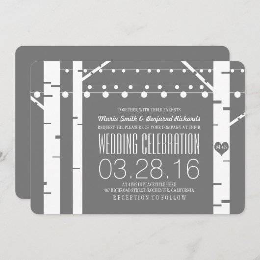 Berkenbomen Hart & String Lights Huwelijksuitnodig Kaart (Voorkant / Achterkant)