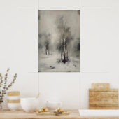 Berkenbomen in de sneeuw, gotisch boslandschap aan poster (Keuken)