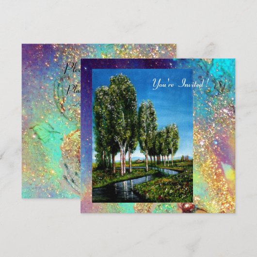 BERKENBOMEN IN TUSCANJE, blauw groen goud glinster Kaart (Voorkant / Achterkant)